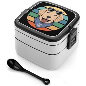 Retro Golden Retriever Dog Bento Lunch Box Dubbellaags All-in-One Stapelbare Lunch Container Inclusief Lepel met Handvat