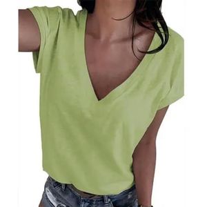 YIANKWY Zomer Vrouwen T-shirt Casual V-hals Effen Kleur T-shirt Korte Mouwen, Groen, XL