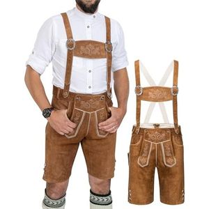 Schöneberger Trachten Couture Leren herenbroek met bretels, originele bruine klederdrachtbroek, korte klederdrachtbroek voor Oktoberfest Hans, bruin, 52