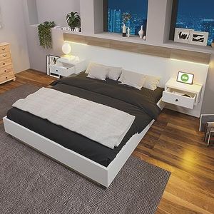 VSOGA Tweepersoonsbed bedsysteem met 2 led-nachtkastjes en USB C-stopcontact, 180 x 200 cm, houten bed incl. 2 nachtkastjes, slaapkamer, compleet 205 x 284 x 90,5 cm (D/B/H) set in eiken sonoma/wit