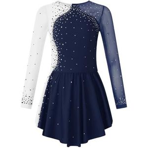 Turnpakje voor meisjes Meisjes Kunstschaatsjurk Ballet Dans Gymnastiek Leotard Tutu Lange Mouw Glanzende Strass Transparante Mesh Jurken Danskleding(Deep Blue,8Y)