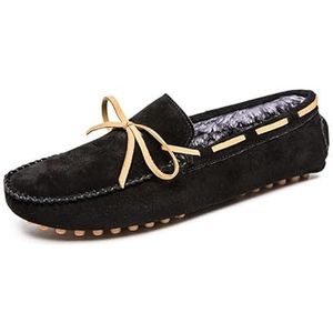 Loafers for heren Suede Vamp Boatshoes Voering van imitatiebont Rijden Loafers Platte hak Antislip Prom Slip On (Color : Black, Size : 41 EU)