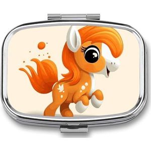 Leuke Oranje Pony Pil Doos, 2 Compartiment Geneeskunde Pil Case, Draagbare Pil Organizer voor Pocket Of Portemonnee Decoratieve Metalen Geneeskunde Vitamine Organizer