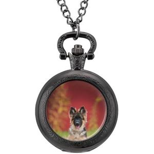 Duitse herder puppy in herfst vintage zakhorloge met ketting kwarts Arabische cijfers digitale schaal gepersonaliseerde kerst verjaardagscadeaus zwarte stijl