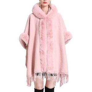 Dames cape poncho met namaakbont,warme fleece gevoerde kerstponcho cape sjaal geruite kwast trui sjaal wikkel open vesten deken jas voor dames herfst winter,roze