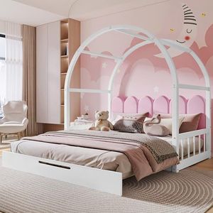 DUlVBPE Uitbreidbaar gebogen dakbed, schuifbed, kinderbed, dagbed, tweepersoonsbed, fluwelen kussen, frame van grenenhout, wit + roze (140x100cm &140x200cm)
