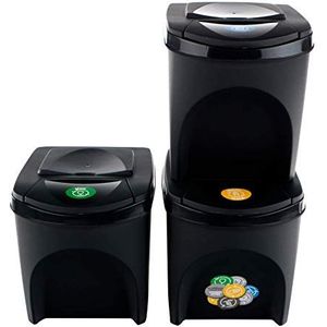 Prosperplast ZA907 Set van 3 recycling-vuilnisemmers, totale capaciteit 60 liter, stapelbaar, vakken in antraciet, 3 x 25 liter