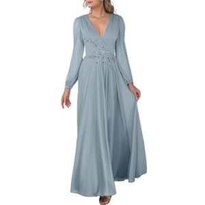 KIYNE Dames V-hals chiffon moeder van de bruid jurken met kant appliqué formele trouwjurk feestjurk, Dusty Blauw, 32