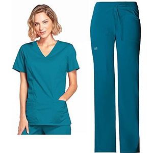 Dames Scrubs Set Werkkleding Core Stretch 4728 Mock Wrap Top & 24001P Trekkoord Cargo Broek, Caribisch Blauw-L Top/L Petite Broek