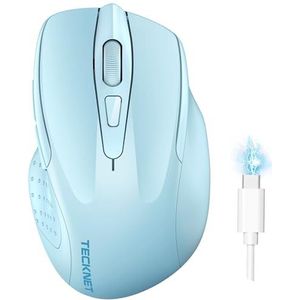 TECKNET Bluetooth-muis, draadloos, oplaadbaar, stil, 3 modi (BT5.0/3.0 + 2,4 G) 4800 dpi, ergonomische muis voor computers, laptops, Mac, PC, Windows, lichtblauw