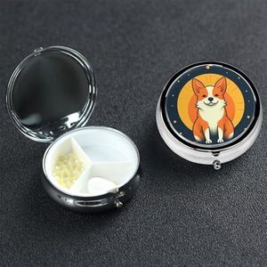 Pillendoosje met spiegel, kleine pillenorganizer, 3 compartimenten, speelse Corgi Roud Travel Pillendoosje voor portemonnee of zak, draagbare pillencontainer, schattige medicijnorganizer