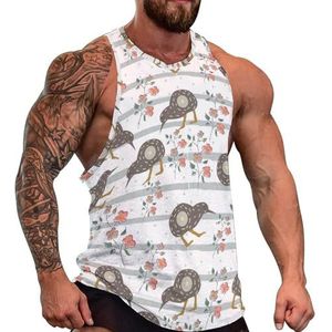 Kiwi Vogel met zwarte strepen heren tanktop grafische mouwloze bodybuilding T-shirts casual strand T-shirt grappig gym spier