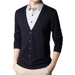 Herfst heren casual nep tweedelig gebreid vest klassieke stijl business overhemd kraag slim fit trui, marineblauw, 4XL