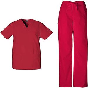 Cherokee Workwear Originals Scrub Sets voor Vrouwen en Mannen, 6 Pocket Medical Scrubs met V-hals Top 4876 & Trekkoord Cargo Pant 4100, Rood-M Top/L Korte Broek