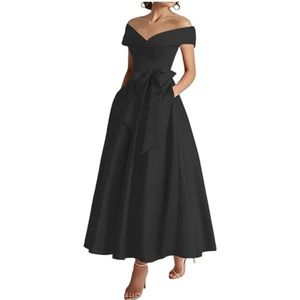 WSEYU Off Shoulder Moeder van De Bruid Bruidegom Jurken Satijn Boog Formele Avond Grootmoeder Jurken Thee Lengte ZM289, Zwart, 34