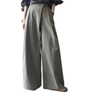 Dames Asymmetrische Sluiting Palazzo Broek Casual Hoge Taille Wijde Pijpen Flowy Kantoorbroek met Zakken,Grijs,L