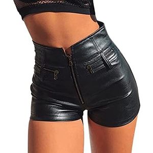 Sawmew Vrouwen Sexy Leren Shorts Glanzende Hoge Taille PU Leer Look Korte Broek Push up Imitatie Leer Kunstleer Broek Hotpants (Color : Black, Size : XL)