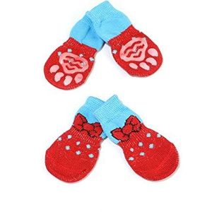 Hongtai 4 stuks/Set Cute Puppy Dog Gebreide katoenen sokken Anti-Slip Schoenen Cat kleine honden for Herfst Winter Indoor Wear Slip On Paw Protector (Color : Vermelho, Size : M)