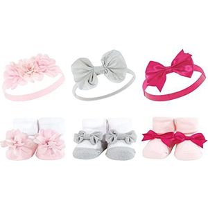 Hudson Baby Infant Girl Headband and Socks Giftset, Pink Gray Flower, One Size