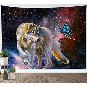 56 Muur Opknoping Wolf Vlinder Bruine Wolf En Teal Vlinder Op Paarse Galaxy Achtergrond Esthetische Ruimte Tapijt Zachte Wandtapijten Kunst Wandtapijten Voor Slaapkamer Familie Woonkamer 130x152cm