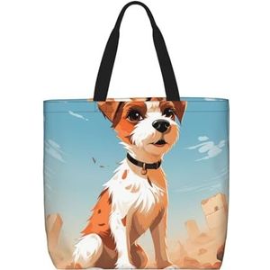 DEHIWI Cartoon Russell Terrier Tote Bag Voor Vrouwen Waterdichte Casual Schoudertas Met Rits Kruidenier Handtassen Voor Kantoor Winkelen Reizen, Zwart, One Size