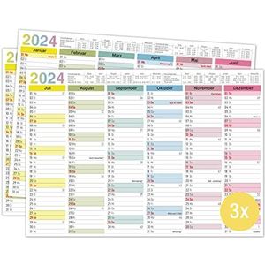 TOBJA Tafelkalender 2024, A4, kleurrijk, kalender 2024, met vakanties en feestdagen, jaarkalender, wandkalender 2024, DIN A4, als jaarplanner, bladkalender 12 maanden (3 stuks papier)