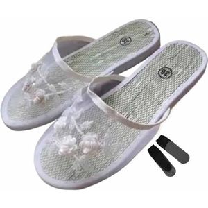 Chinese mesh pantoffels for dames met bloemenkralen en ademende mesh Chinese pantoffels for dames(Color:White,Size:40 EU)