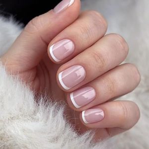 MouyouGlow Korte kunstnagels voor vrouwen en meisjes, vierkant, nude, roze, wit, French design, met nagellijm, natuurlijke roze basis, witte tips