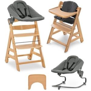 Hauck Alpha Move Natur 5-delige Newborn Set - Hoge stoel + 2-in-1 pasgeboren opzetstuk & wip + eetplank + kussen voor kinderstoel - Jersey houtskool