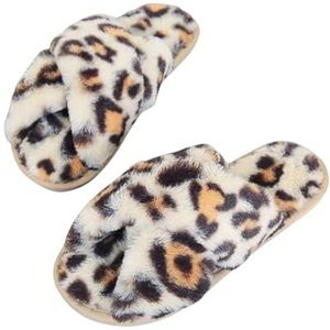 Fuzzy House-pantoffels voor dames - Pantoffels voor binnen met luipaardprint, open teen en warme kruisband,Damesslippers Huis Warme slaapkamerschoenen voor binnen en buiten Bittu