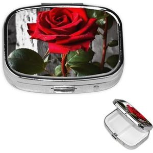Pillendoos Geneeskunde Pil Organizer Bloeiende Rode Roos Kleine Pillenkoker Reizen Pillencontainer Draagbare Pillendoos voor Pocket 2 Compartiment Pillenhouder Pillendozen voor Reizen