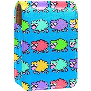 Draagbare Lipstick Case voor op reis, Mini Lipstick Opbergdoos met spiegel voor vrouwen dames, Lederen Cosmetische Pouch kleurrijke schapen, Meerkleurig, 9.5x2x7 cm/3.7x0.8x2.7 in