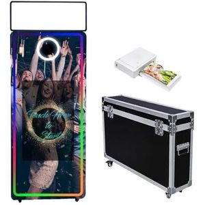 Magische spiegel fotocabine 10 cm, flightcase verpakking, draagbaar 22 inch touchscreen spiegelcabine machine voor bruiloften feesten evenementen (zwarte machine, 65 inch/32 inch touchscreen + printer