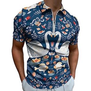 Folk Style Zwanen, Vis, Bloemen Patroon Polo Shirt Voor Mannen Casual Rits Kraag T-shirts Golf Tops Slim Fit
