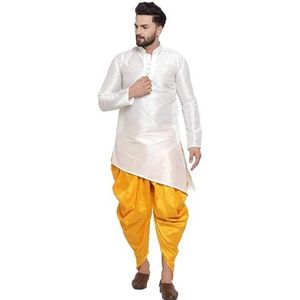 Lakkar Haveli Mannen Pakistaanse traditionele witte shirt Kurta Trail Cut bruiloft partij slijtage gele Dhoti broek set zijde, Wit, 4XL