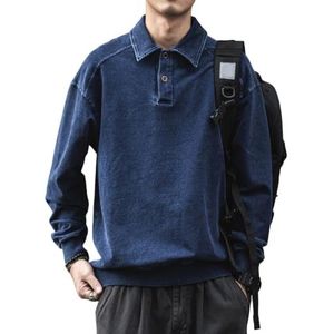 QOUERUUE Heren Gewassen Denim Casual Pullover Tops Lange Mouwen Knoopsluiting Revers Poloshirts Blauwe Jeans Sweatshirt Tops,Blauw,3XL