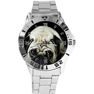 Pug Dog Design Analoge Polshorloge Quartz Zilveren Wijzerplaat Klassieke Roestvrij Stalen Band Dames Heren Horloge