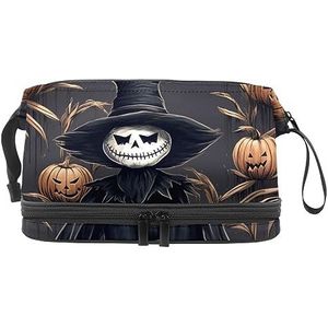 Dubbele Laag Cosmetische Tas Halloween Vogelverschrikker Patroon Draagbare Make-up Tas Reizen Organizer Pouch voor Vrouwen Meisjes Toiletartikelen Tassen, Multi 4, 27x15x14 cm/10.6x5.9x5.5 in, Make-up