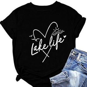 Lake Life Liefde Hart Tees Shirt Vrouwen Lake Vakantie Tops Casual Ronde hals Korte Mouw Trui Zomer Tops, Zwart, XXL