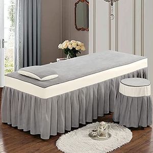 MESCXTY 4-delige beddengoedset voor massagetafels van katoenlinnen, effen spreien voor schoonheidsverzorging, spa-rok voor lichaamfysiotherapie-massage, grijs, 180 x 60 cm