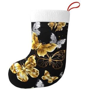 Aubnva Goud Wit Vlinders Zwarte Print Kerst Kous 17.7 inch Feestelijke Decor Voor Xmas Familie Bijeenkomsten Party Gunsten