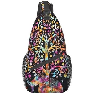 Oekraïense borduurstijl roos print borsttas dagrugzak cross body tas, sling rugzak crossbody tas, voor buiten wandelen reizen, Olifant en levensboom, Eén maat