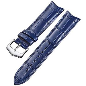 Horlogeband, 19 mm-22 mm gebogen interface retro lederen horlogeband, bamboe patroon pin gesp zakelijke horlogeband armband (Color : Blue Silvery Clasp_19mm)