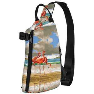 EdWal Sugar Horror Schedel En Bloemen Print Sling Bag Wandelen Dagrugzak Crossbody Schouder Borst Outdoor Reizen Rugzak Voor Vrouwen Mannen, Flamingo Strand, Eén maat