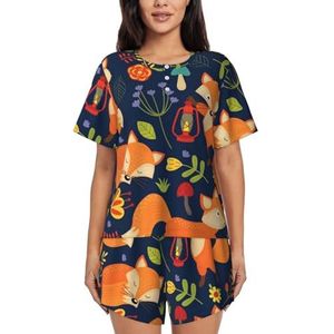 RIVETECH Schattige dierenvos bloemenprint dames pyjama met korte mouwen - comfortabele korte sets, mouwen nachtkleding met zakken, Zwart, XL