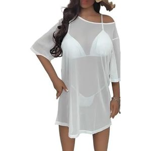 Dames Badpak Sexy Mesh Doorzichtig Bikini Cover Up Vrouwen Sarong Badpak Badkleding Strandjurk Zwempakken Cover-up Badpak Dames Zee (Wit, XL)