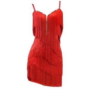 Tytyozay Vrouwen kwastjes Latijns-Amerikaanse dansrok, jarretels rugloze podiumoutfit, prestatiekleding ronde hals standaard Latijns-Amerikaanse dansjurk voor samba tango cha cha,Rood,L