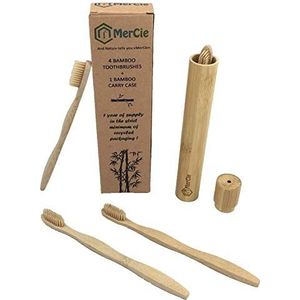 Set van 4 ecologische bamboe tandenborstels + bamboe opberg/transportkoffer | ZACHTE bamboevezelharen | 100% BIOLOGISCH AFBREEKBAAR | Gerecyclede en recyclebare verpakking zonder plastic