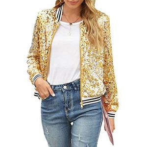 Lente Glitter Glanzende Club Party Pailletten Jas Overjas Vrouwen Stand Kraag Rits Top Jas Herfst Lange Mouw Dames Vest 01 Goud XL