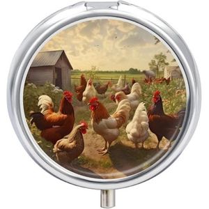 Pillendoosje voor ronde kleine pillendozen, kippen en boerderijpillenetui, draagbaar, pillendoosje met 3 compartimenten, pillendoosje met spiegel, schattige pillenorganizer, pillencontainer voor